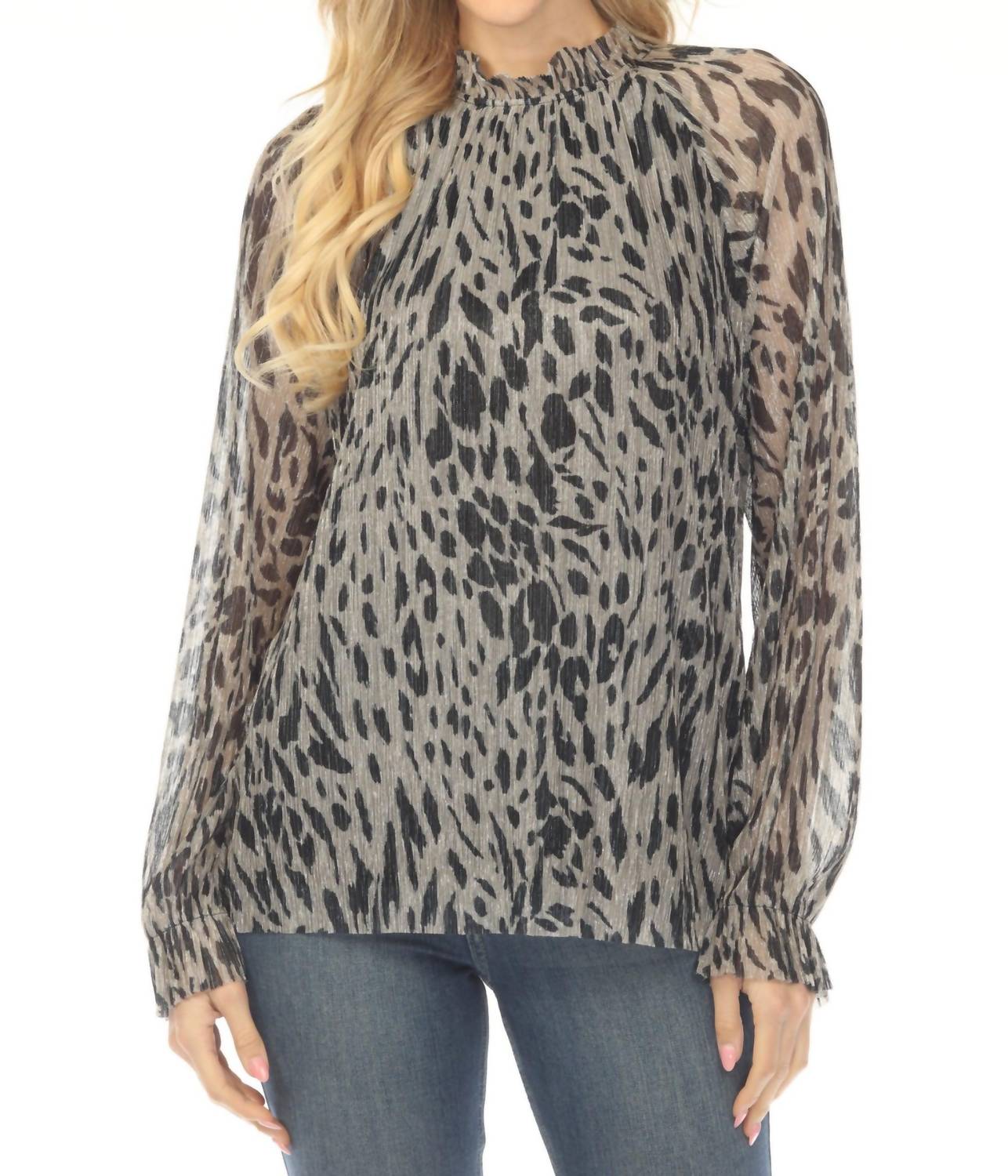 Blusa con estampado animal con pliegues color negro y beige