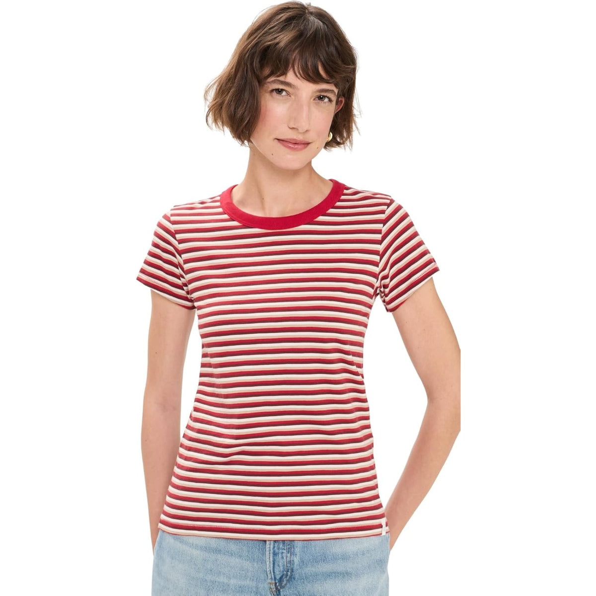 Camiseta de mujer a rayas color rojo y beige