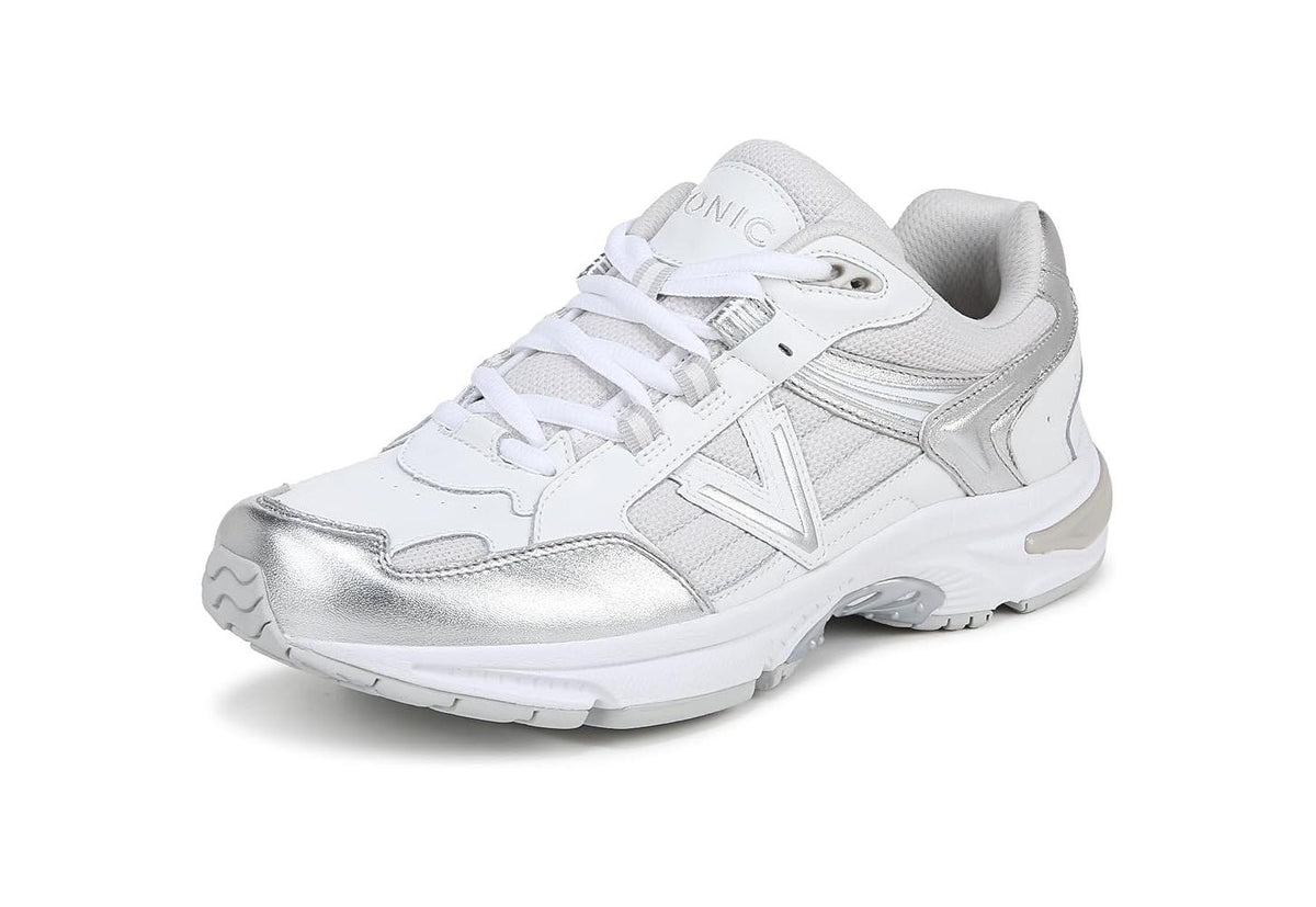 Tenis de mujer de cuero color blanco y plateado