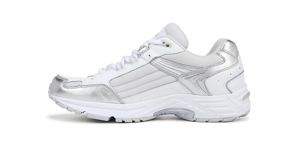 Tenis de mujer de cuero color blanco y plateado